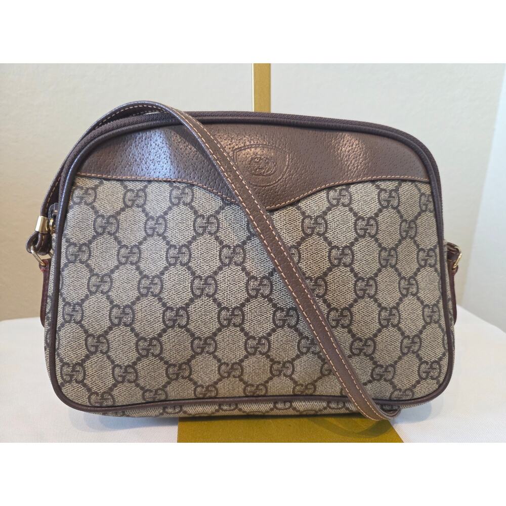 Gucci GG Supreme Canvas Crossbody Bag Brown Leather Vintage